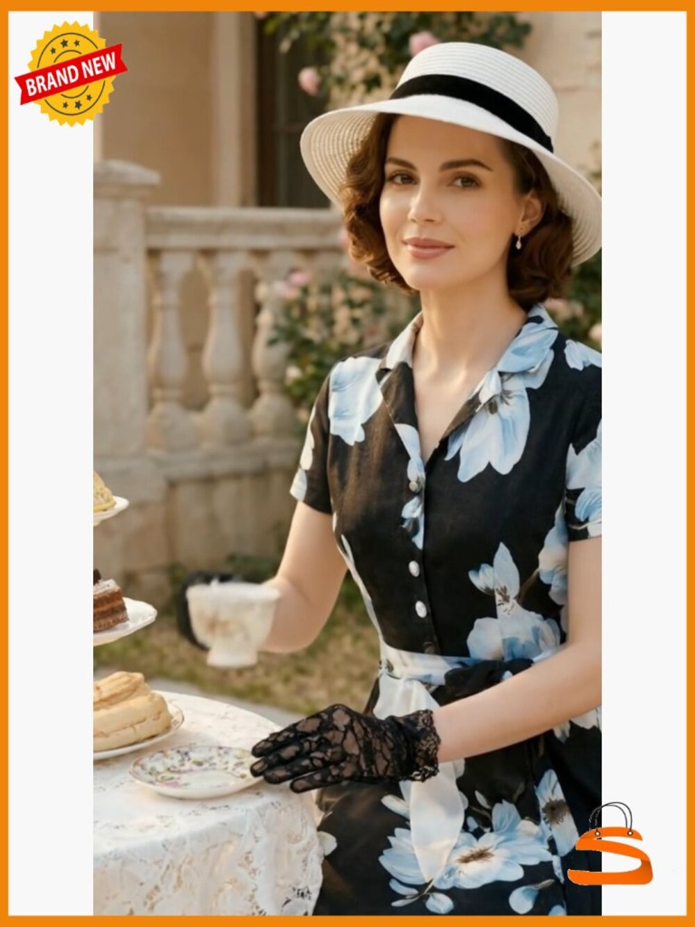 Vintage Tea Dress, Short Sleeve A-Line Cocktail Party Dress, V-Neck Swing Dress - Picture 7 of 7